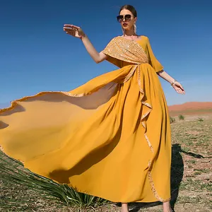 Groothandel Oranje Geel Chiffon Lovertjes Swing Maxi Jurk Voor Vrouwen Dubai Turkije Arabische Nationale Stijl Robe Marokkaanse Caftan 2022