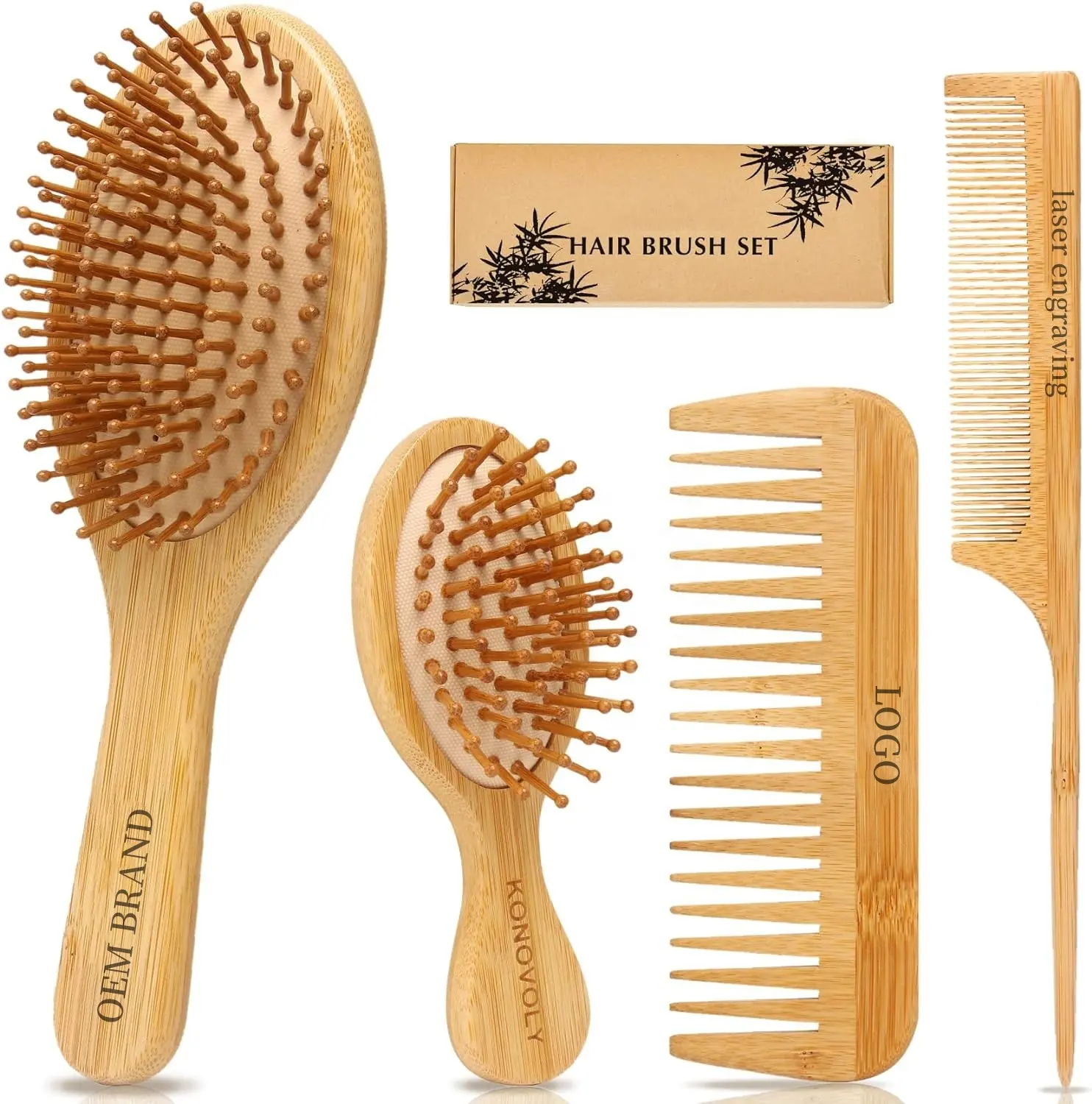 Ensemble de 4 brosses à cheveux et peignes en bambou avec logo personnalisé brosse à cheveux démêlante peigne naturel à dents larges et à queue