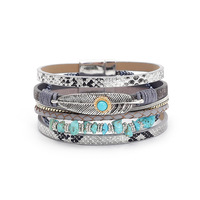 Nouveau design plume Turquoise aimant boucle pendentif Bracelet en cuir Style bohème femmes pierre concassée plume Bracelet en cuir