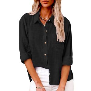 秋のポケット分割長袖女性のコットンと麻のシャツ - Product Image 5
