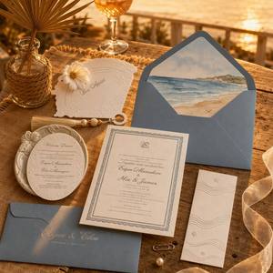 Ensemble de cartes d'invitation de <span class=keywords><strong>mariage</strong></span> personnalisées avec <span class=keywords><strong>enveloppe</strong></span>, bordure en <span class=keywords><strong>dentelle</strong></span>, monogramme argenté, motif aquarelle plage et motif éventail - Product Image 1