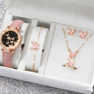 <span class=keywords><strong>Set</strong></span> di 5 Pezzi in Acciaio Inossidabile: Orologio da Donna, Anello a Farfalla, Collana, Orecchini, Bracciale con Zirconi, Orologio Casual Senza Scatola - Product Image 3