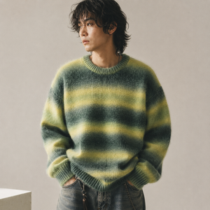<span class=keywords><strong>Pull</strong></span> en mohair rayé 7GG pour homme, col rond brossé et duveteux, coupe ample, style grunge streetwear, vêtement tricoté rétro - Product Image 4