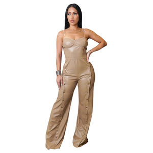 AJ4479 Fornitura Transfrontaliera <span class=keywords><strong>Tuta</strong></span> Estiva da <span class=keywords><strong>Donna</strong></span> <span class=keywords><strong>in</strong></span> Ecopelle con Perline Senza Maniche Gamba Larga Lunghezza Intera Vita Media - Product Image 4