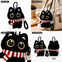 Porte-clés en peluche chat noir aux grands yeux avec écharpe noire et blanche, breloque de sac en peluche douce, chaîne à billes pour sac à main, cadeau