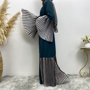 1889# Modest Nida Material Splice Chiffon Stripe Loose Sleeves <b>Cardigan</b> Muslim Islamic <b>Spring</b> Summer Abaya - Product Image 5