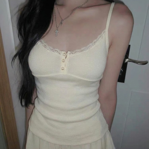 Women's Solid Color Breathable Cute Knit Sleeveless <b>Tank</b> <b>Tops</b> with Front Logo <b>Lace</b> Pearl Buttons Sweet Style High Quality - Product Image 1