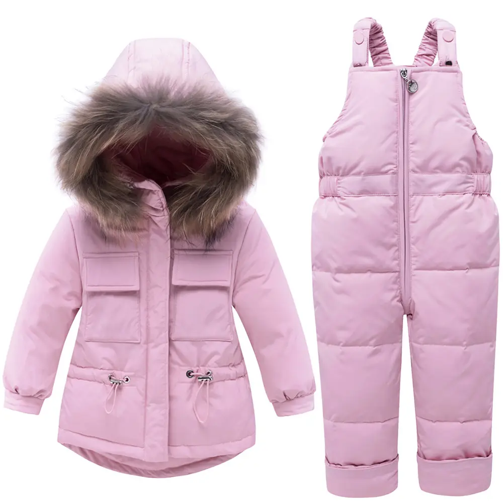 Vestiti del bambino inverno ragazzi ragazze giacca di pelliccia con cappuccio pantaloni generali bambini 2 pezzi piumini completi sci tuta da neve set di abbigliamento per ragazze