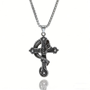yunnique Dragon <b>Cross</b> Pendant Necklace Tibetan Silver Men's Fashion Sweater <b>Chain</b> Geometric Design Gift Jewelry - Product Image 1
