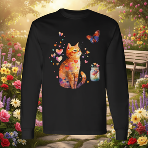 T-shirt a maniche lunghe con gatto tabby arancione, design con cuori e farfalle di San Valentino - Product Image 3