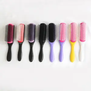 Kunden spezifische Mode 9 Reihen Kunststoff Nylon Pins Denman Pinsel für natürliches Haar Paddel Styling Haar bürste lockig mit Logo