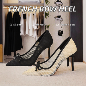 Zapatos de tacón alto de estilo francés, elegantes, con lazo, punta en pico, corte bajo, malla de encaje, tacón de aguja, sin cordones, de PU para mujer - Product Image 2