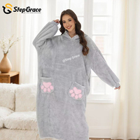 Robe de nuit longue à manches longues en coton gris d'hiver de haute qualité StepGrace avec broderie de chat, robe longue surdimensionnée, couverture à capuche noire portable