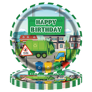Assiettes en papier sur le thème du camion poubelle, vaisselle jetable pour fête d'anniversaire des enfants, style dessin animé, design écologique - Product Image 2