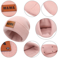 Bonnet tricoté style parent-enfant, personnalisable avec étiquette et logo en cuir, couleur unie, sans bord, chaud, avec applique en cuir