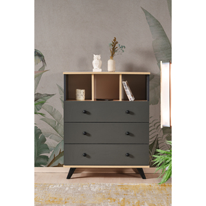 Commode de chambre moderne BABIL à 3 tiroirs et 3 étagères ouvertes, en chêne et métal, meuble de rangement modulaire, table de chevet pour salon - Product Image 6