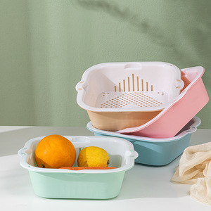 Square Double Layer Drain Basket L Size <b>Stackable</b> Kitchen Fruit Vegetable <b>Storage</b> <b>Container</b> Mixed Color - Product Image 1
