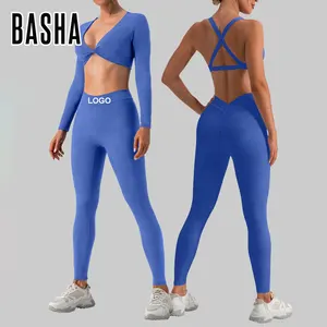 Bashasports 2023 kustom kulit merasa Gym Bra lengan panjang olahraga Yoga Crop top kemeja Scrunch legging Yoga Set untuk wanita