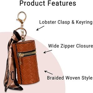 Lipstick Organizer Case Boho Braided Vegan Leather Scarf Accent Cylindrical Lip Gloss Travel <b>Holder</b> with Zipper Keychain Hook - Product Image 4