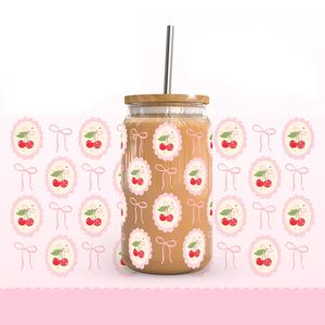 Coquette de cerezas a cuadros azules, lata de vidrio de 16oz con diseño Retro de verano, resistente al agua, UV, DTF, Gingham, Daisy, envoltura, lazo rojo, taza de cereza - Product Image 5