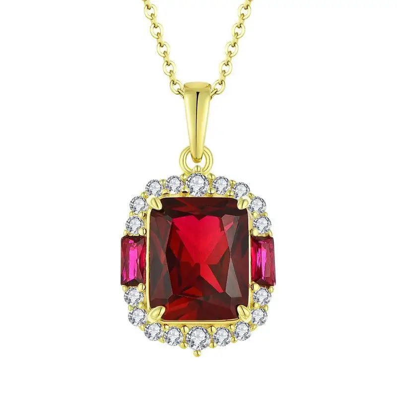 Luxury Shining 18K Gold Ruby Square Diamond Pendant Necklace Bling Bling Cz Crystal Red Gemstone Custom Smart NFC RFID Necklace