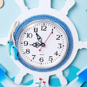 Jam Tangan Jangkar Gaya Kayu Kapal Roda Jam Dinding Kayu Kuarsa Warna Mediterania Pantai Laut Bahari Kemudi Putih dan Biru - Product Image 3