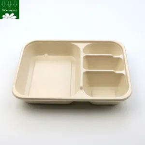 Custom Biodegradable Eco-Friendly Sugarcane Sugar Cane Bagasse Pulp 4 Compartment Food Container Packing Box With Cover