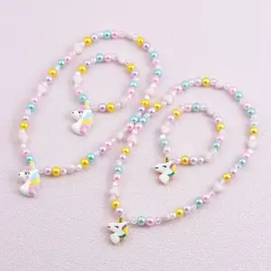 Acrylic Children's Unicorn Charming Heart Pendant Elastic Beads Necklace Bracelet Cute Girls Kids Beaded Jewelry For Baby Girl