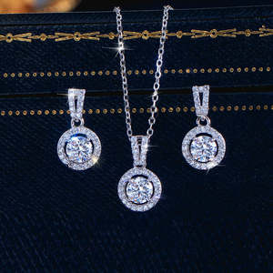 <b>Solid</b> 925 Sterling <b>Silver</b> Cubic Zirconia Jewelry Set Round Pendant <b>Necklace</b> Earrings Set for Women Daily Wear Gift Elegant Daily - Product Image 1