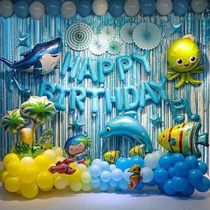 Hewan Laut Dekorasi Pesta Ulang Tahun untuk Anak-anak Latar Belakang Biru Hiu dan Lumba-lumba Balon Ulang Tahun Perlengkapan Pesta