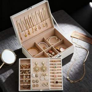 Jewelry <b>Box</b> <b>Storage</b> Organizer With Compartments For Rings Earrings Necklaces Bracelets Watches Leather <b>Material</b> 25x21x11cm - Product Image 1