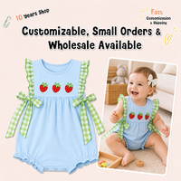 Combinaison à volants en coton 100% certifié CPC Puresun, broderie fraise, nœuds en gingham, fermeture à boutons pression, pour bébés filles de 0 à 3 ans