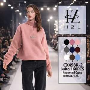 Sudadera de lana para mujer con cuello alto y cremallera, bordado frontal, informal, de otoño, color liso, manga larga, corte regular - Product Image 3