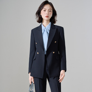 Women's Suit Set Beige Double Breasted Blazer Flared Pants Full Sleeve Notched Collar Casual Winter 2025 - Product Image 3