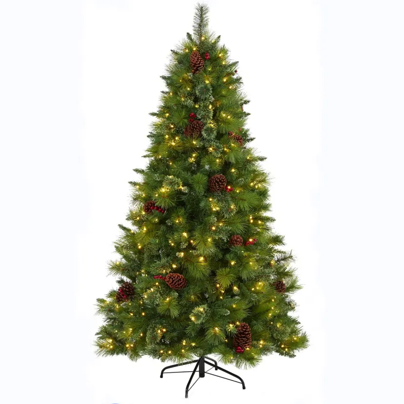 חדש יצירתי 6ft. עץ חג המולד מלאכותי אורן מעורב עם קונוסים אורן, פירות יער ואורות LED שקופים לקישוט חג המולד
