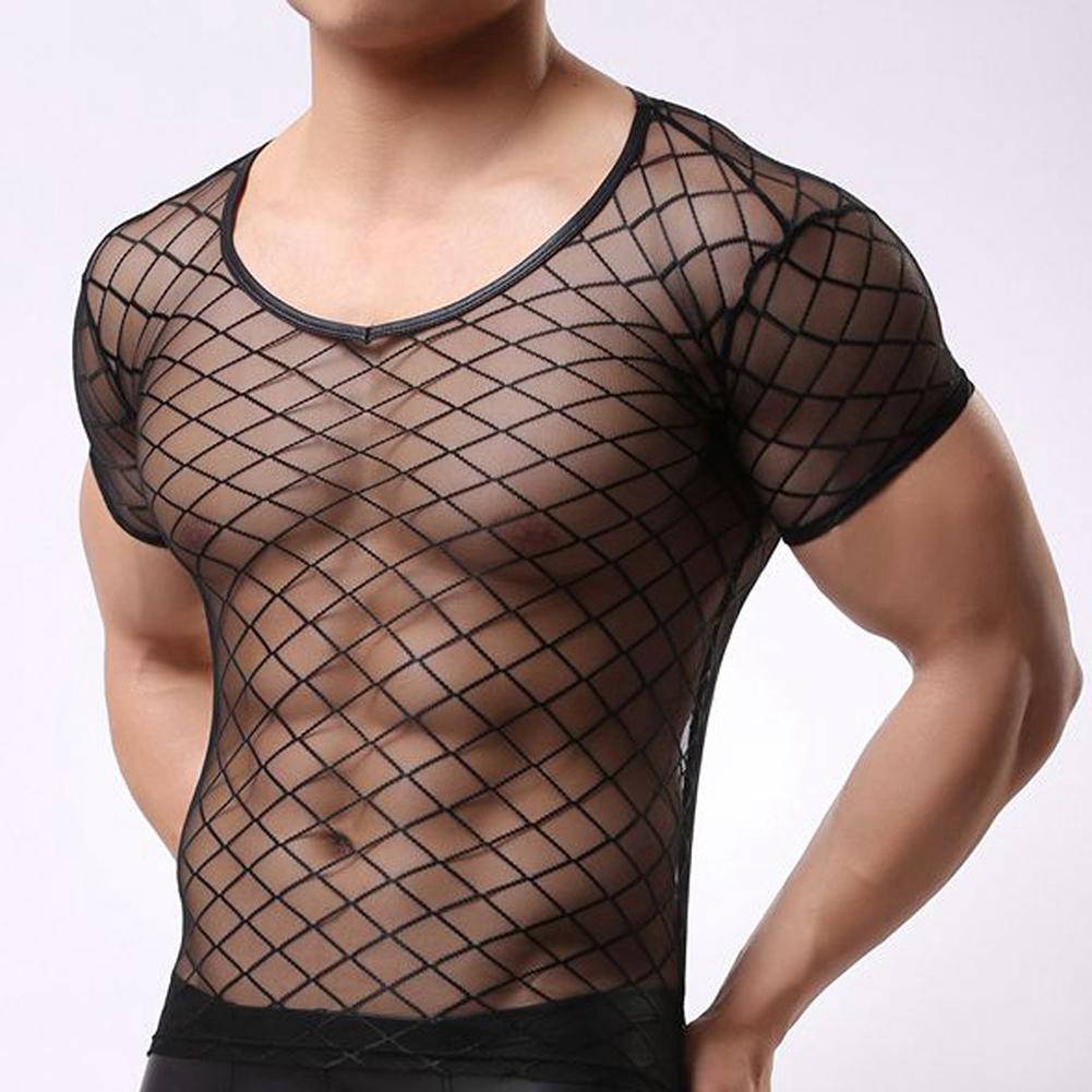 Camiseta Sexy a cuadros para hombre, camisa de malla transparente, exótica, Gay, ropa de noche, fetiche, ropa de dormir, ropa interior