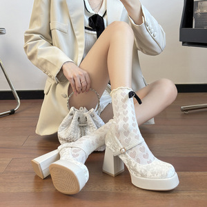 White Lace Platform Heeled Sandals Women <b>Round</b> <b>Toe</b> Chunky <b>Heel</b> Buckle Closure Breathable All Seasons Shoes - Product Image 1