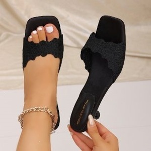 Square Toe Lace Slide Sandals Open Toe Slip On <b>Mules</b> Scalloped Lace Dress Footwear for Evening Wedding Party - Product Image 4