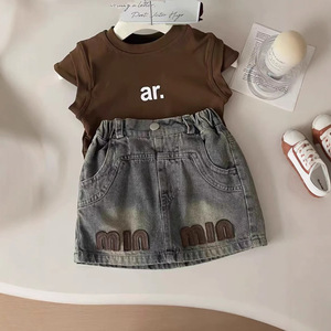 Costume décontracté de style coréen pour petite fille, T-shirt en coton élégant d'été, <span class=keywords><strong>short</strong></span> en jean, deux pièces, motif lettres 55192 - Product Image 2