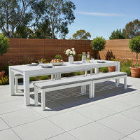 Ensemble table et bancs de salle à manger d'extérieur en aluminium blanc, résistant aux intempéries et antirouille, pour terrasse, jardin, villa