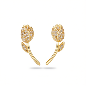 Orecchini a Perno E1955 in Oro Bianco con Fiore, Diamanti Taglio Brillante Rotondo, Micro Incastonatura, Romantici per Uso Quotidiano Femminile - Product Image 1