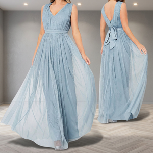 Vestidos de Dama de Honor Elegantes, Corte Imperio, Sin Mangas, Cuello en V, Drapeados, Modernos, Plisados, Largos hasta el Tobillo, de Tul, Antiestáticos y Transpirables - Product Image 3