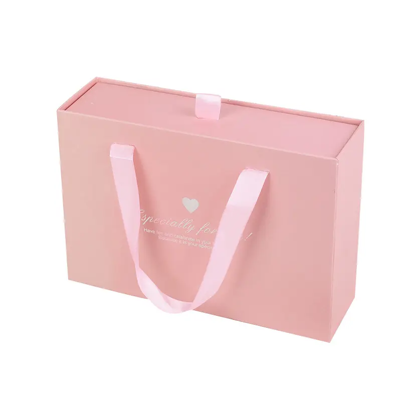Sortie d'usine RTS — boîte à tiroir Portable à nœud rose, coffret en carton avec poignée en papier et ruban pour emballage des vêtements d'enfants