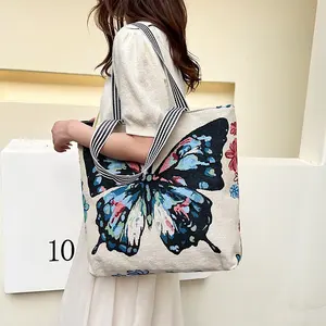 Bahar ve yaz yeni kadın çantası kelebek yeni moda ulusal büyük kapasiteli bir omuz baskı bez plaj çantası
