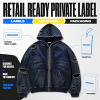 Veste à capuche zippée en jean délavé personnalisé avec déchirures usées et détails en strass bleus – Marques de créateurs streetwear