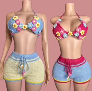 Viviblook A704ST Beach Bikini de punto de ganchillo flor Halter camisola con pantalones cortos mujeres pantalones cortos conjuntos de dos piezas - Product Image 1