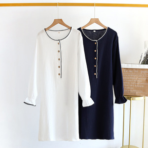 Vente chaude directe d'usine en gros femmes à manches longues col rond solide automne ample élégant pur <span class=keywords><strong>coton</strong></span> <span class=keywords><strong>chemise</strong></span> <span class=keywords><strong>de</strong></span> <span class=keywords><strong>nuit</strong></span> - Product Image 1