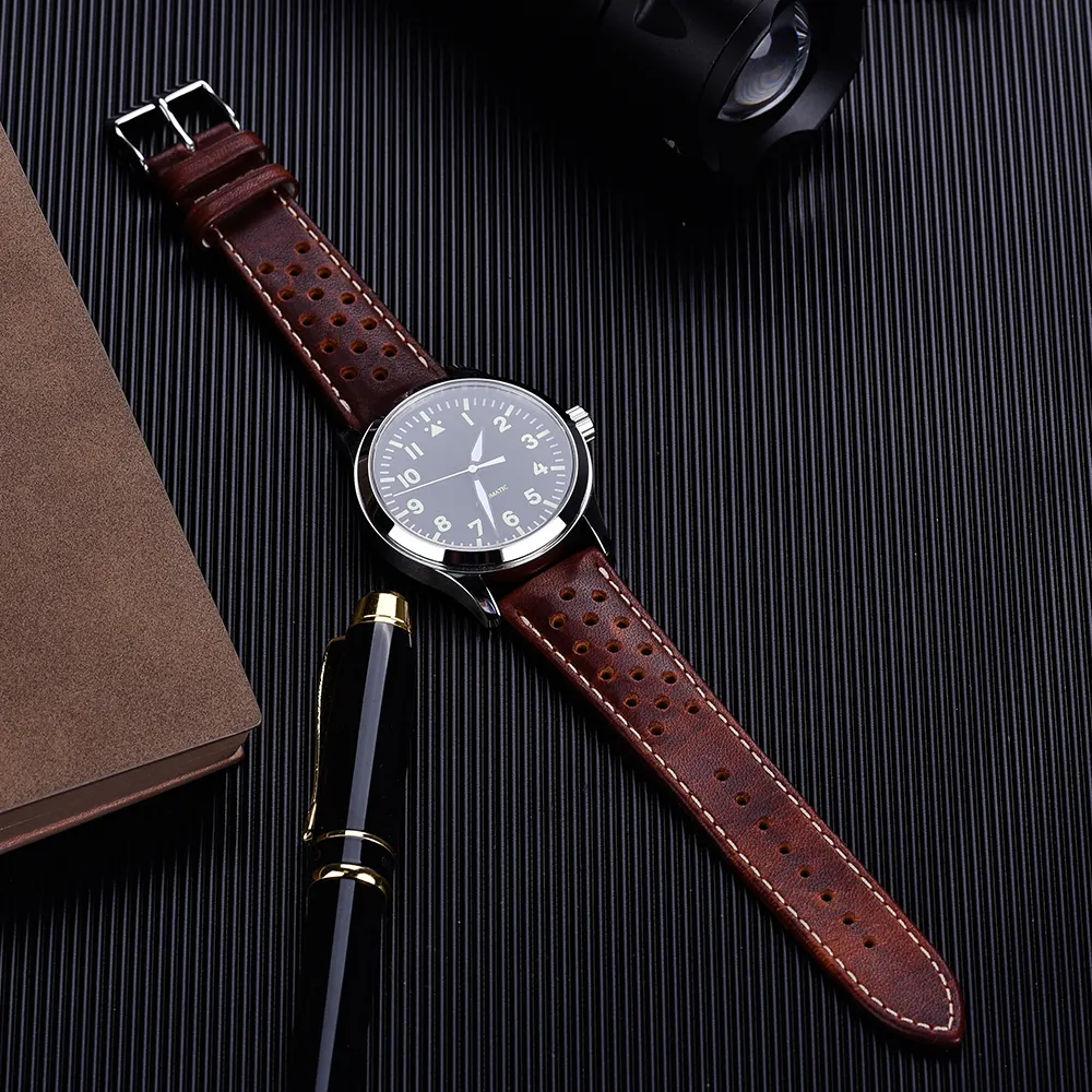 JUELONG Retro Rally Watch Strap Vintage Genuine Italian Leather Watch Bracelet Breathable Brown Watch Band