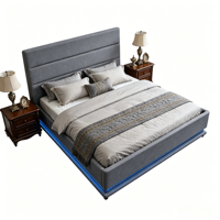Cadre de lit moderne rembourré en lin avec vérin à gaz, éclairage d'ambiance LED et sommier à lattes, disponible en tailles King et Queen, mobilier de chambre
