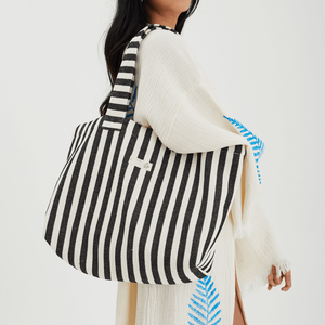 Özel Logo büyük kadınlar yeşil pembe mavi şerit yaz plaj hediye tuval pamuklu alışveriş çantası - Product Image 4